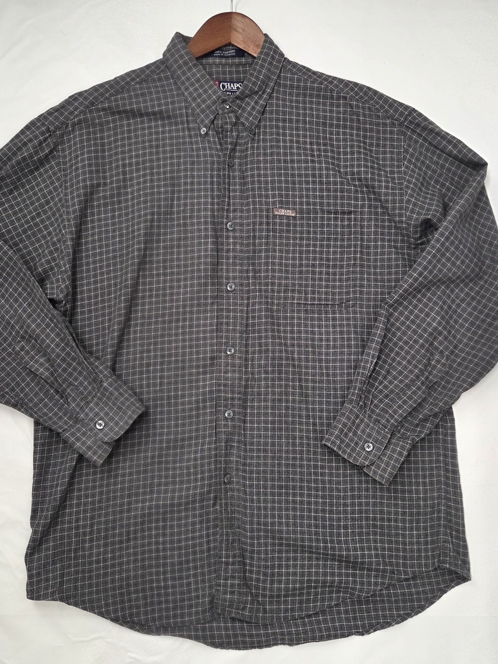 Vintage 90s Chaps Ralph Lauren Plaid Button Down Shirt Grey Black Men L Preppy